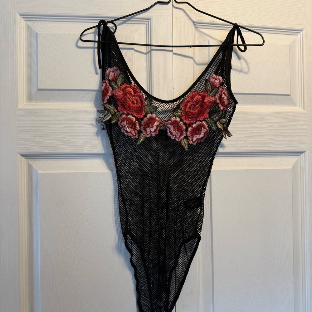 Floral Embroidered Black Mesh Bodysuit
